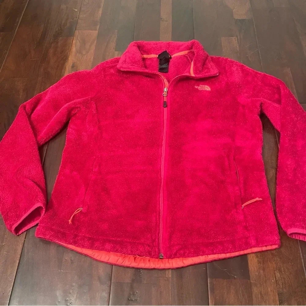 The North Face Jacket Women’s Large Pink Fuzzy Fleece Sweater Logo Osito Coat - Picture 2 of 9